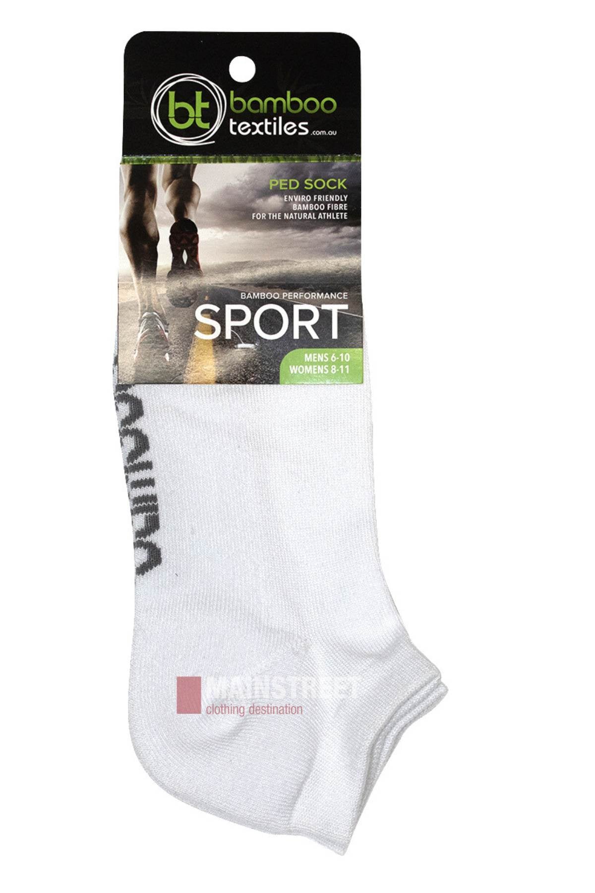A pack of Bamboo Ped Sock performance sport socks by Bamboo Textiles, suitable for men’s sizes 6–10 and women’s sizes 8–11, with packaging showing feet running on a road—ideal for sports activities.