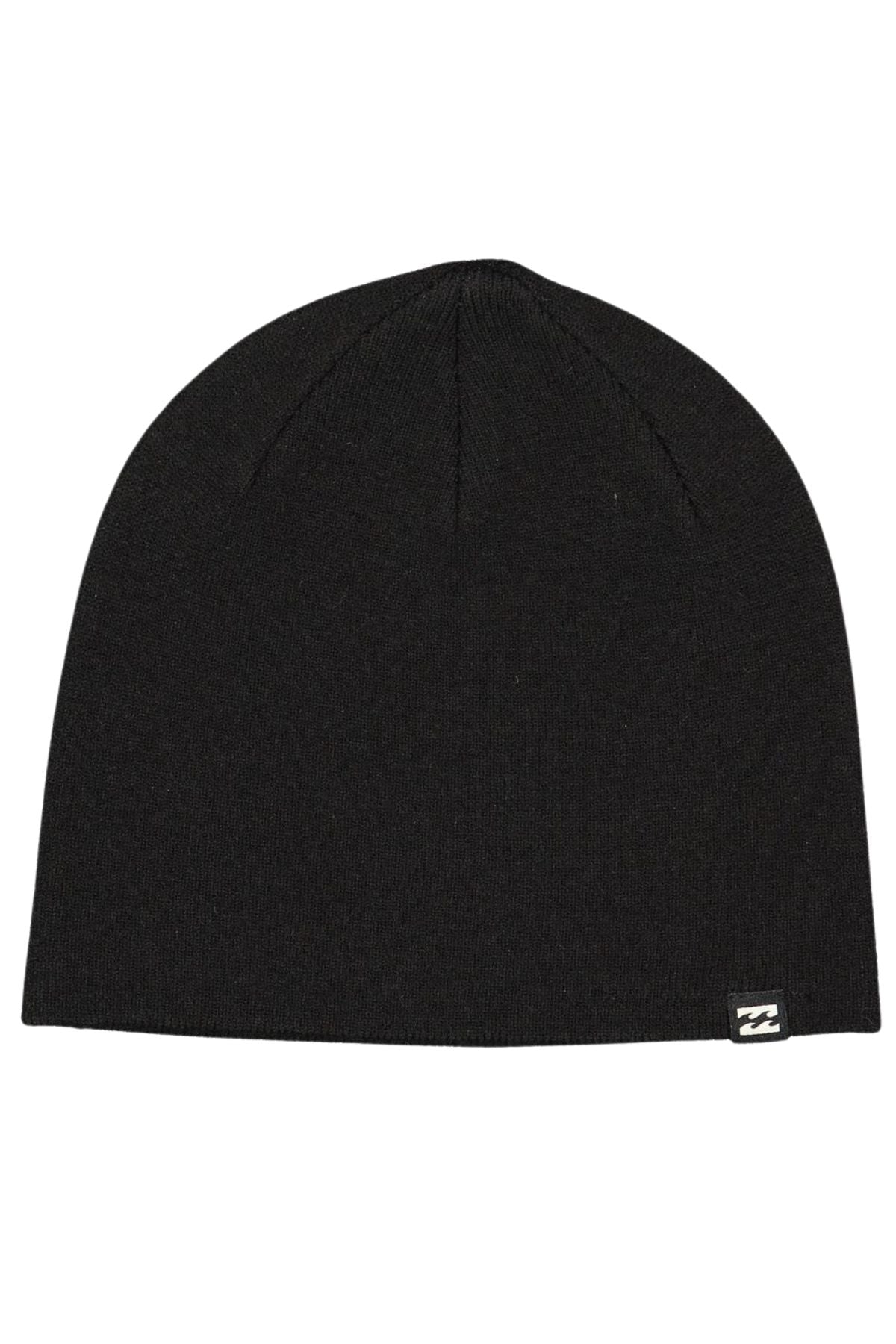 The Billabong All Day Beanie is a classic black acrylic knit hat with a small rectangular logo tag near the edge, shown on a white background.
