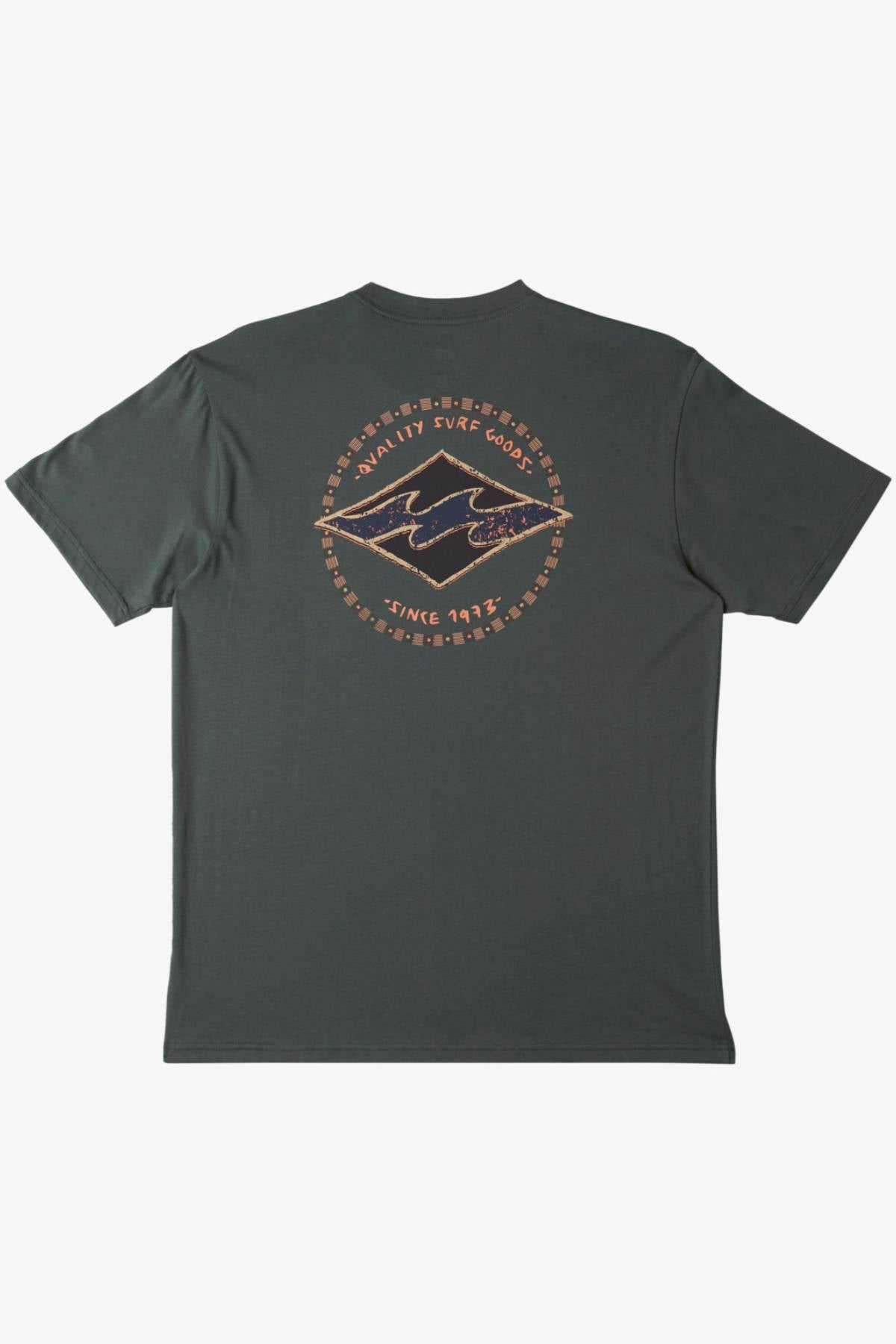 A dark green Billabong Rotar Diamond T-Shirt is displayed flat, showing the back. This regular fit tee features a vintage-style circular design with a fish illustration at the center, along with the text "Quality Ever Goods" above and "Since 1974" below. It is made from 100% cotton.