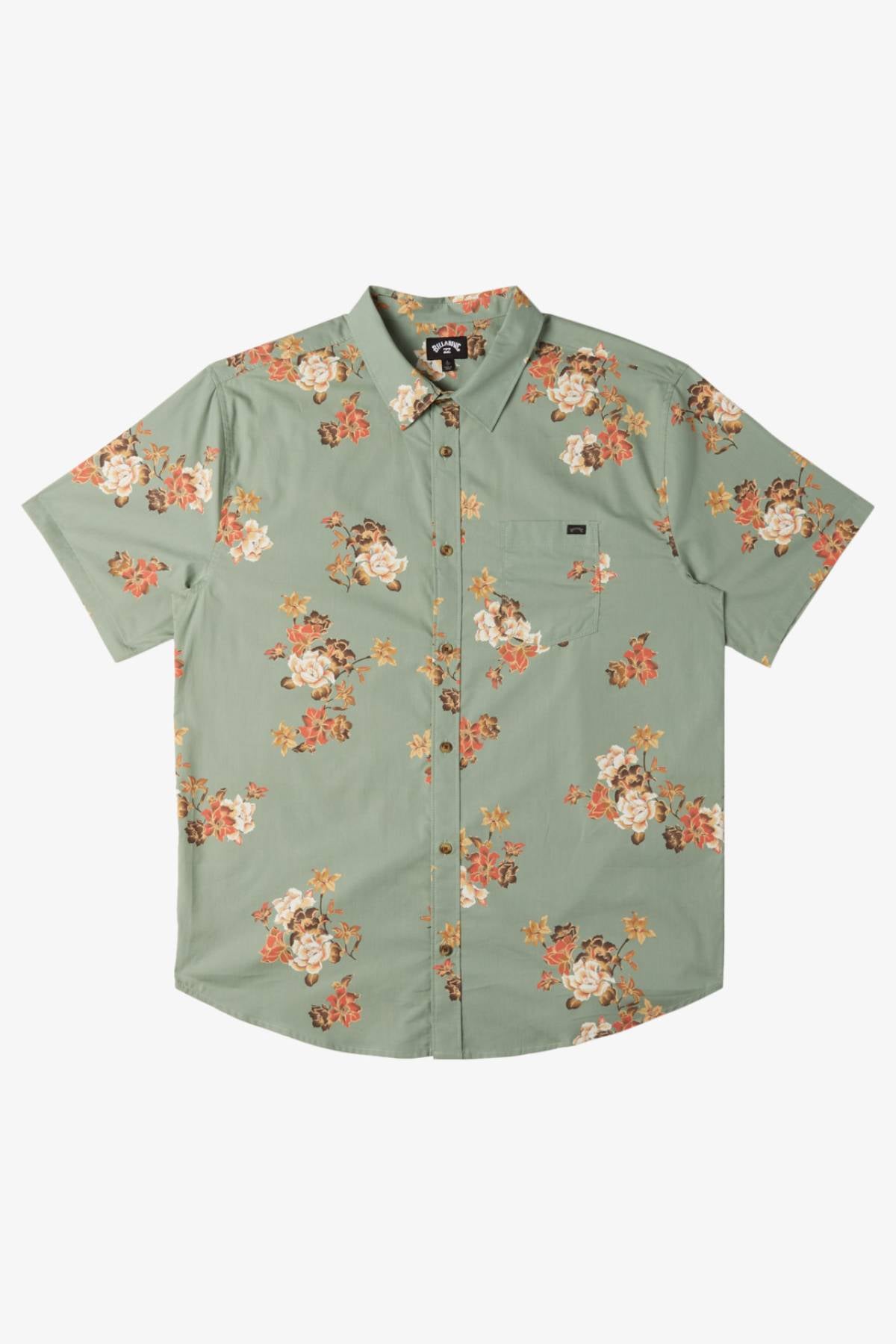 The Billabong Sundays Mini Short Sleeve Shirt is a sage green, short-sleeve button-up featuring a bold orange, white, and red floral print and a left chest pocket, shown laid flat on a white background.