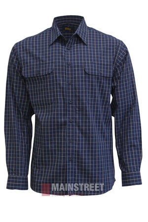 The Bisley Countryman Cotton Shirt is a long-sleeve, button-up shirt featuring a blue and white checkered pattern, two chest pockets, and is crafted from 100% cotton for all-day comfort.