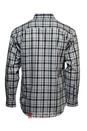 The Bisley Countryman Cotton Shirt, a long-sleeved shirt with a black, white, and green plaid pattern, is shown from the back on a white background.