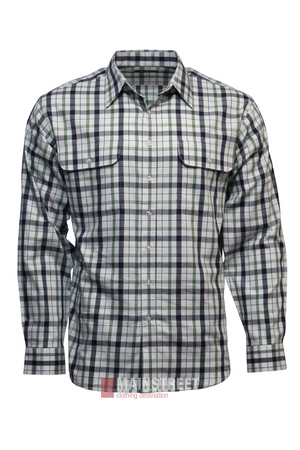 The Bisley Countryman Cotton Shirt is a long-sleeve button-up with a green, black, and white plaid pattern, featuring two chest pockets and a collar.