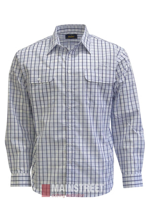 The Bisley Countryman Shirt is a long-sleeve button up with a blue and white checkered pattern, featuring two chest pockets and a collar. It is displayed on a white background.