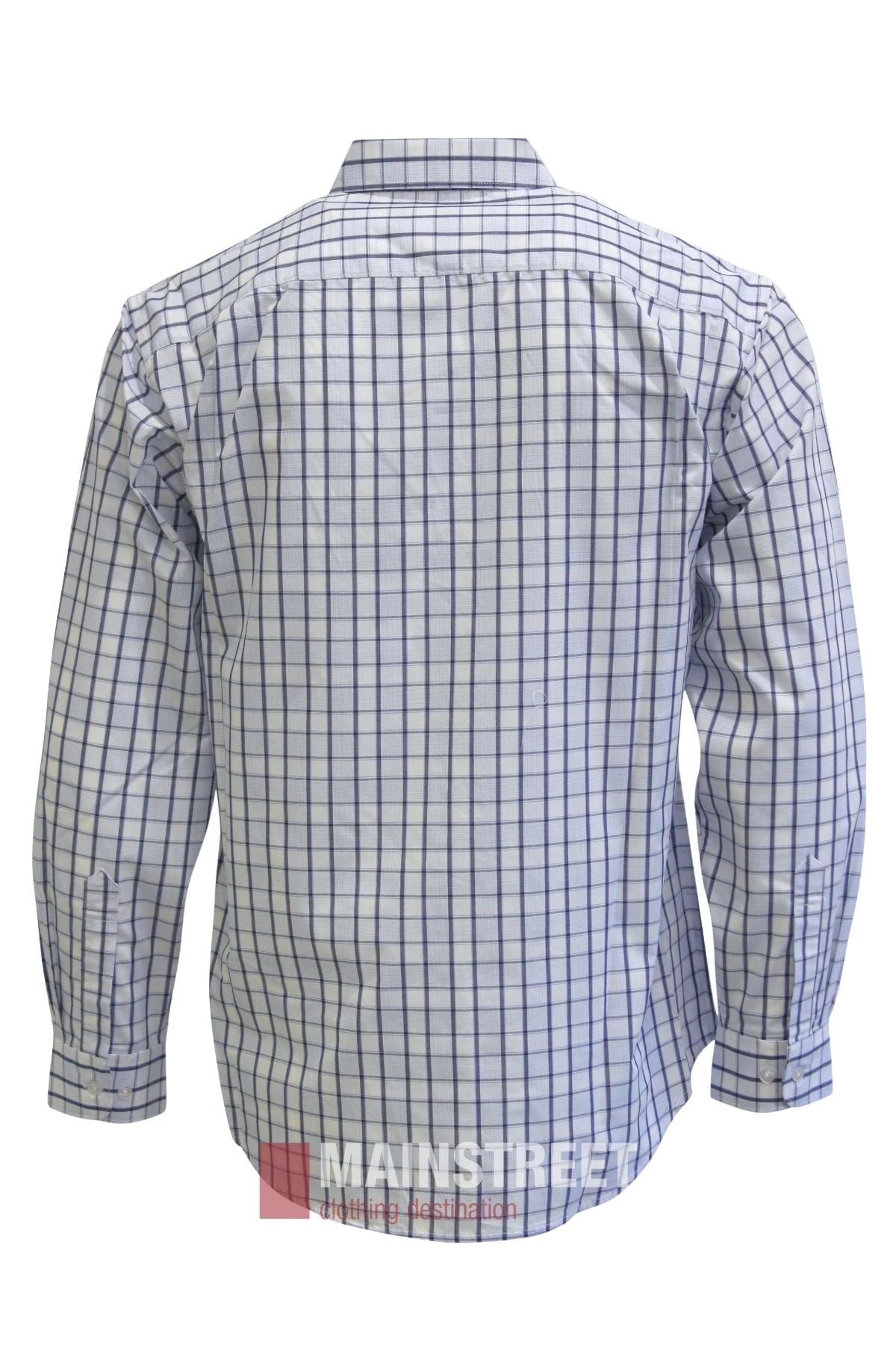 The Bisley Countryman Shirt, shown from the back, is a long-sleeved button-up shirt featuring a collar, buttoned cuffs, and a blue checkered pattern for a classic, polished appearance.