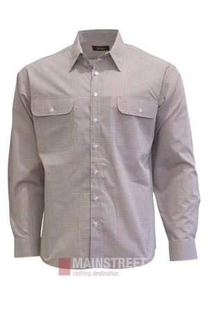 The Bisley Countryman Shirt is a long-sleeve, button-up work shirt featuring a small checkered pattern, two chest pockets with button flaps, and a collar. This classic shirt is displayed on a plain white background.