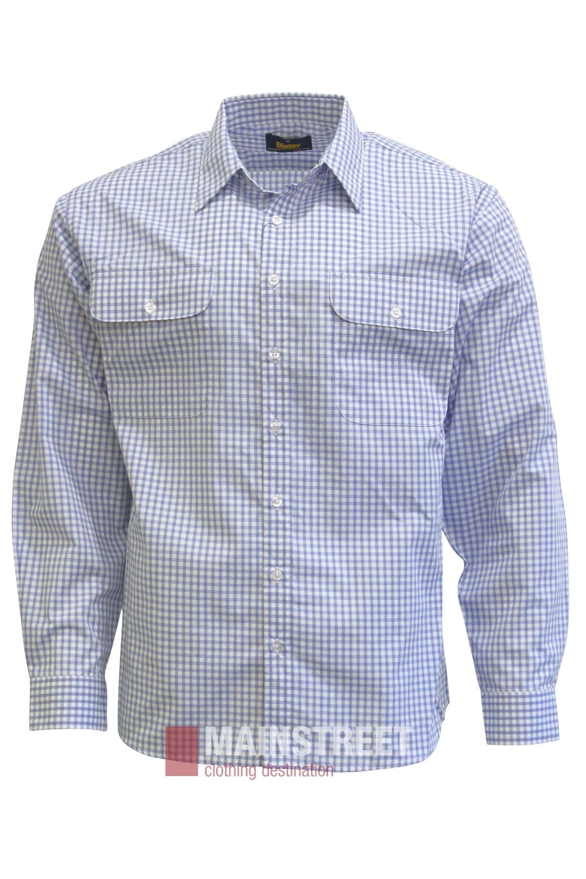 Blue and white checkered long-sleeve button-up Bisley Countryman Shirt with buttoned chest pockets, displayed on a white background. The shirt appears unworn and neatly presented, with “MAINSTREET” branding partially visible at the bottom.