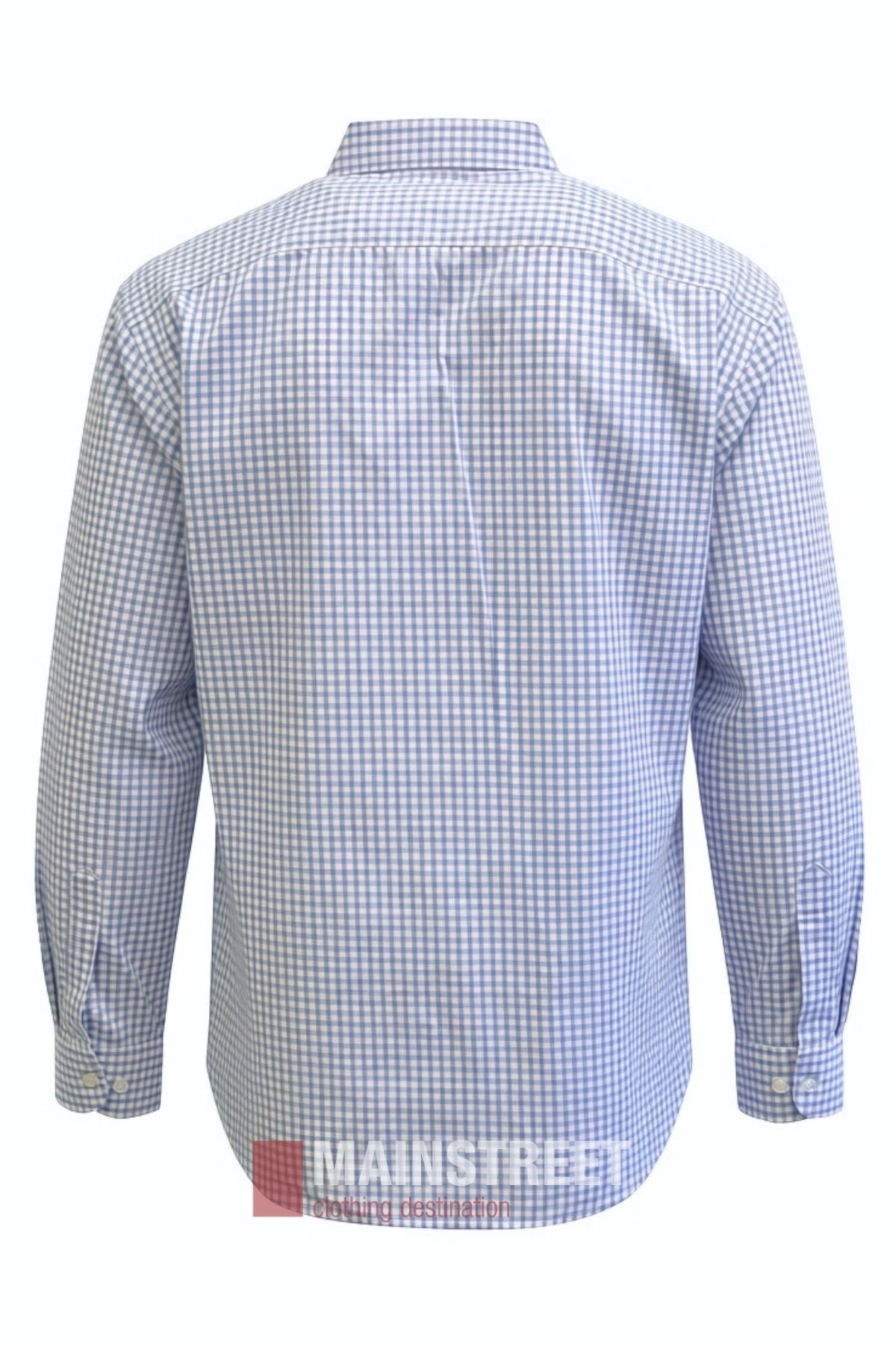 Back view of the Bisley Countryman Shirt, a long-sleeve button-down shirt with a blue and white small check pattern. It features buttoned cuffs, a collar, and classic buttoned chest pockets. The word “Mainstreet” appears at the bottom.