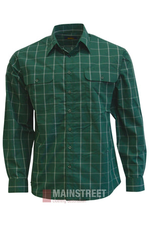 Bisley Countryman Shirt in green plaid with white lines, long sleeves, and buttoned chest pockets, shown against a white background.
