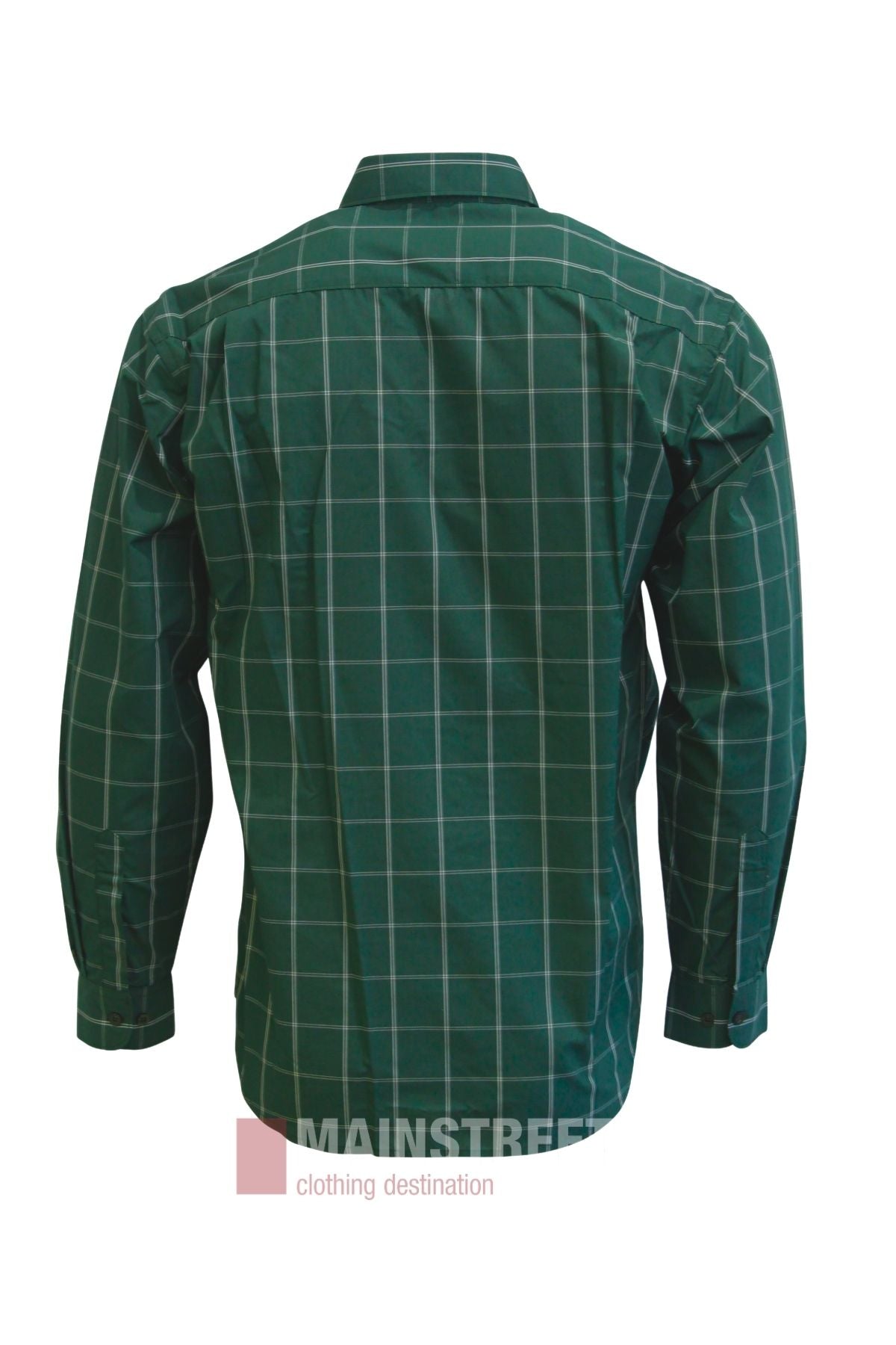 The Bisley Countryman Shirt is shown from the back in green, featuring a long-sleeve button-up design with a white grid pattern. This shirt includes a collar, buttoned cuffs, and practical buttoned chest pockets.