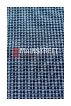 Navy blue and white gingham check fabric pattern with the words “MAINSTREET Clothing Revolution” faintly visible in the center, reminiscent of a classic Bisley Countryman Seersucker Short Sleeve Shirt.