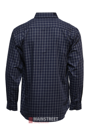 The Bisley Countryman Cotton Shirt is shown from the back, featuring navy blue cotton fabric with a white checkered pattern, long sleeves, and button-up design, displayed against a plain white background.