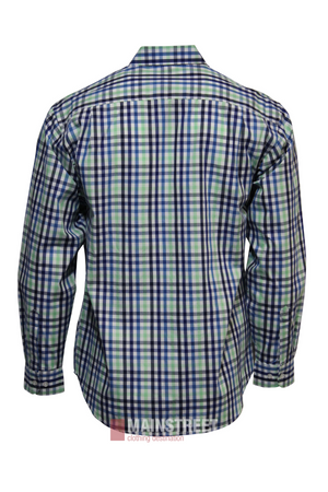 The Bisley Countryman Shirt is a long-sleeve button-up made from a durable polyester/cotton blend, featuring a green, blue, and white plaid pattern. Shown from the back.