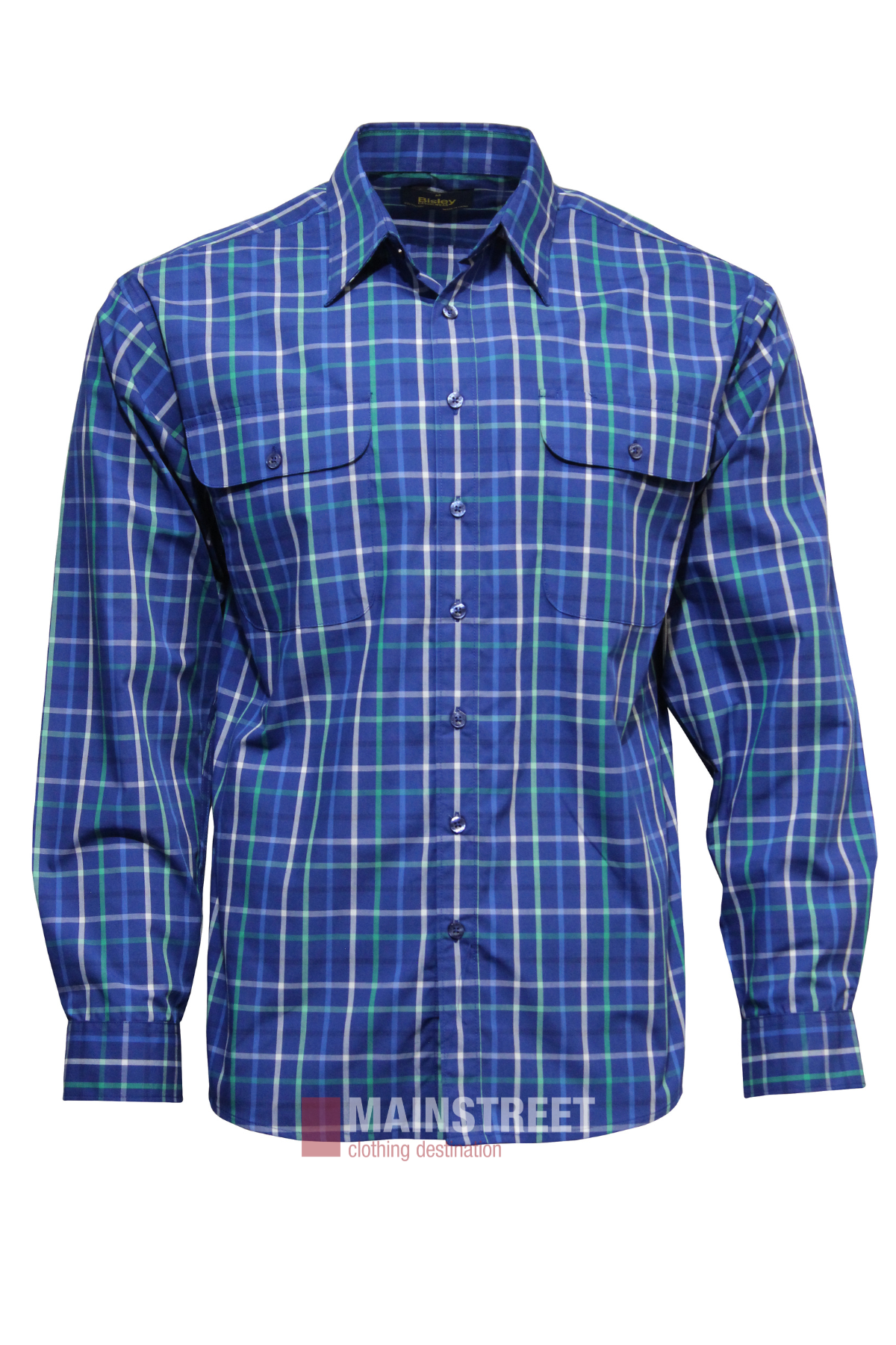 Bisley Countryman Shirt: Blue and green plaid long-sleeve polyester-cotton shirt with two breast pockets, shown front view on a white background.