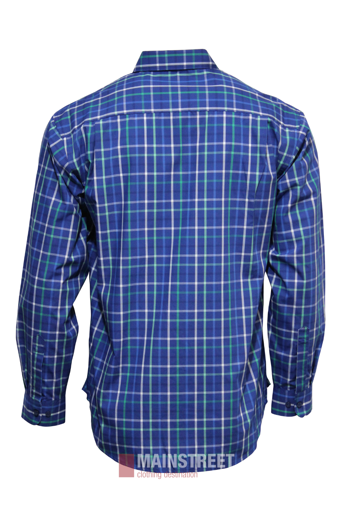 The Bisley Countryman Shirt, shown from the back in blue and green plaid, features a classic collar, buttoned cuffs, and a comfortable polyester cotton blend for timeless style.