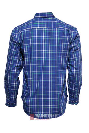 The Bisley Countryman Shirt, shown from the back in blue and green plaid, features a classic collar, buttoned cuffs, and a comfortable polyester cotton blend for timeless style.
