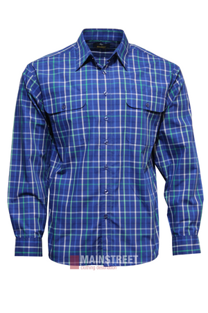 Bisley Countryman Shirt: Blue and green plaid long-sleeve polyester-cotton shirt with two breast pockets, shown front view on a white background.