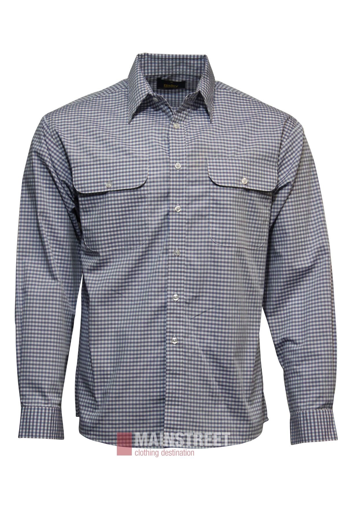 The Bisley Countryman Shirt features long sleeves, a button-up design, blue and white small checks, two chest pockets with flaps, and a pointed collar.