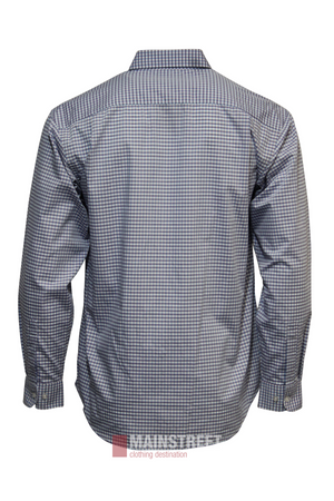 The image displays the back view of a long-sleeved, button-up Bisley Countryman Shirt made from polyester cotton with a small blue and white check pattern, neatly pressed with buttoned cuffs and the "MAINSTREET" logo at the bottom.