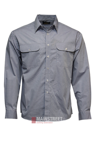 The Bisley Countryman Shirt features long sleeves, a button-up design, blue and white small checks, two chest pockets with flaps, and a pointed collar.