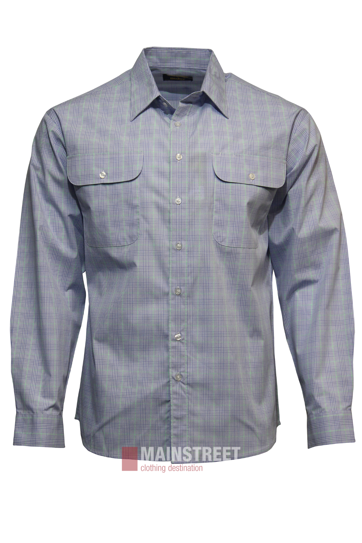 The Bisley Countryman Shirt is a long-sleeved, button-up shirt in blue and green plaid, made from a durable polyester/cotton blend with two chest pockets, shown on a plain white background.