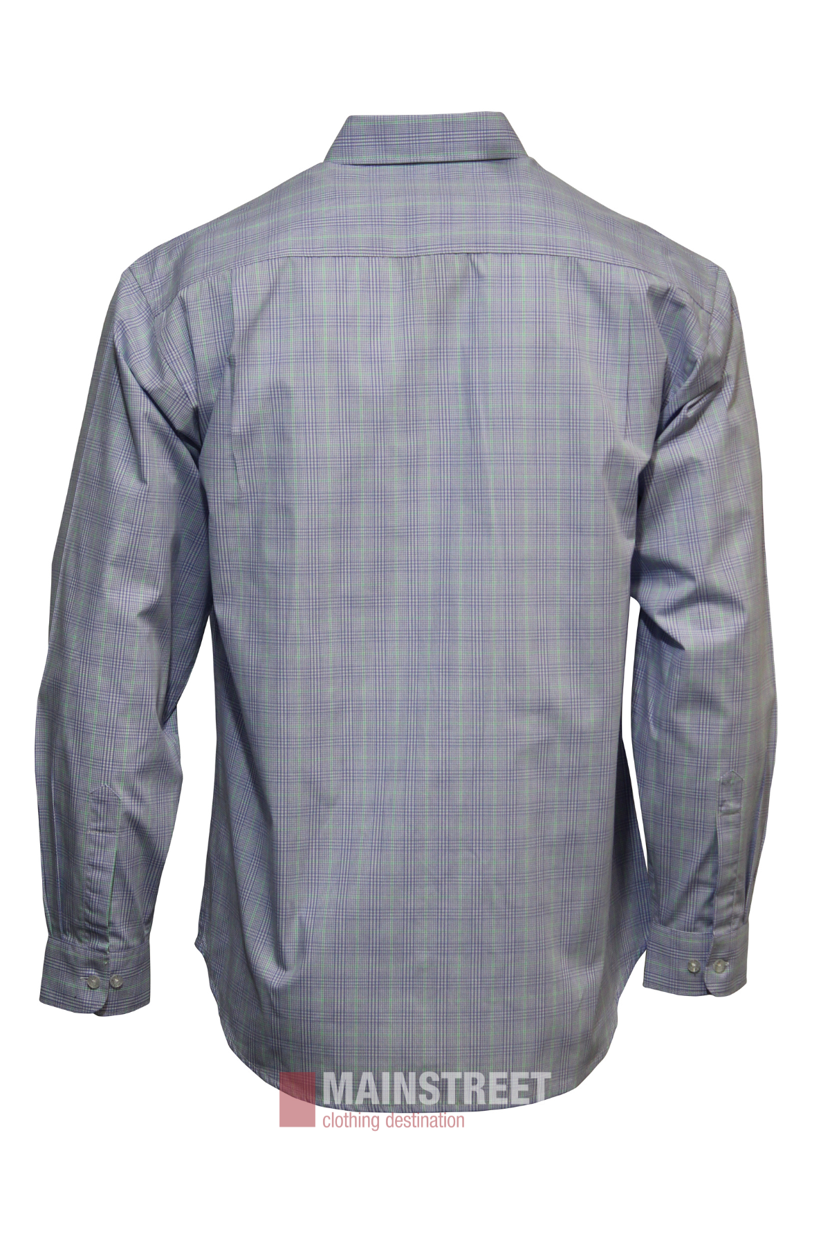 The Bisley Countryman Shirt for men is shown from the back, featuring a blue and gray plaid pattern. Made from a comfy polyester/cotton blend, it has a collar and buttoned cuffs.