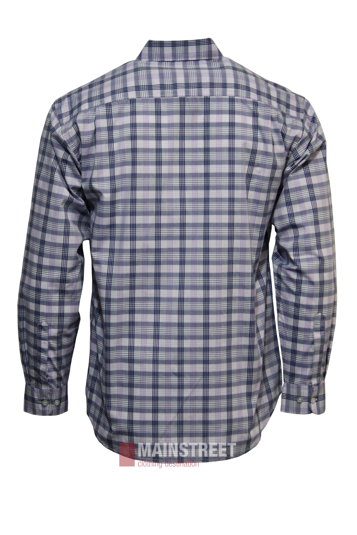 Back view of the Bisley Countryman Shirt, a long-sleeve blue, green, and white plaid shirt made from a comfortable polyester/cotton blend with button cuffs, displayed on a plain white background.