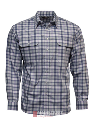 The Bisley Countryman Shirt is a long-sleeve, button-up plaid shirt in blue, gray, and white, featuring two chest pockets with button flaps. Made from a durable polyester/cotton blend for comfort and lasting wear.