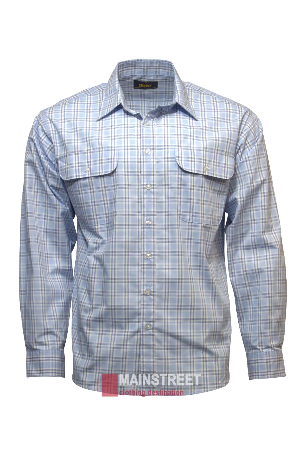 Bisley Countryman Shirt - Light blue with a grey check. A collared long sleeve mens shirt