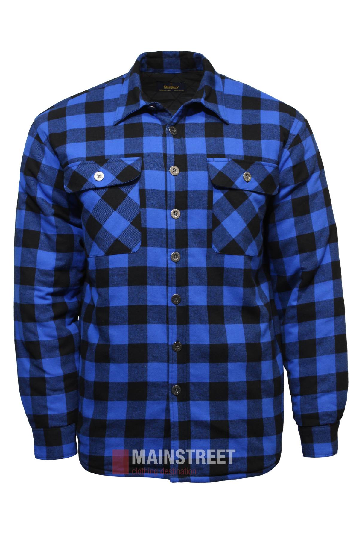 The Bisley Quilted Flannelette Shirt is a blue and black check button-up with long sleeves, two chest pockets with buttoned flaps, soft brushed cotton, and the "MAINSTREET" logo at the bottom.