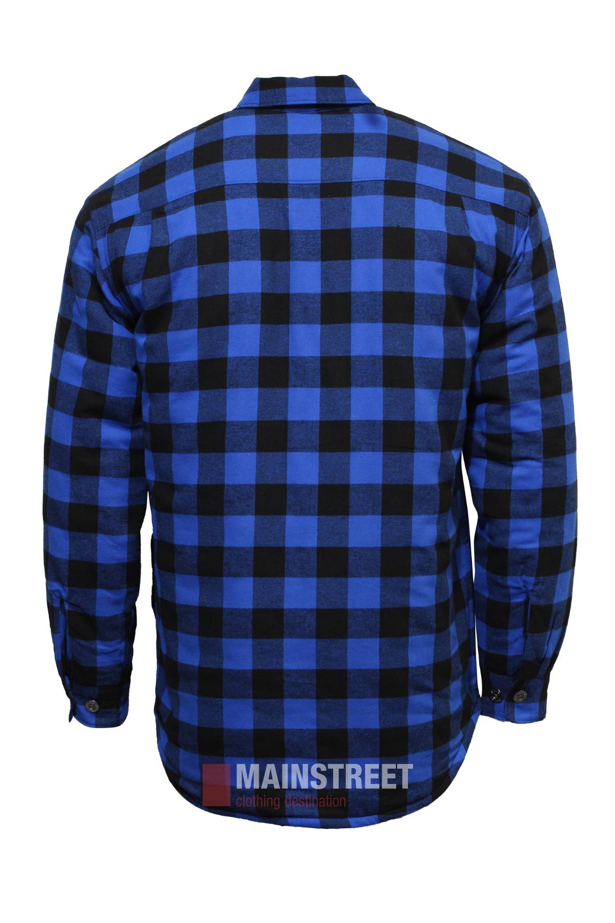 The Bisley Quilted Flannelette Shirt is shown from the back, with a blue and black checkered design. Made from soft brushed cotton, it features long sleeves, buttoned cuffs, and a collar.