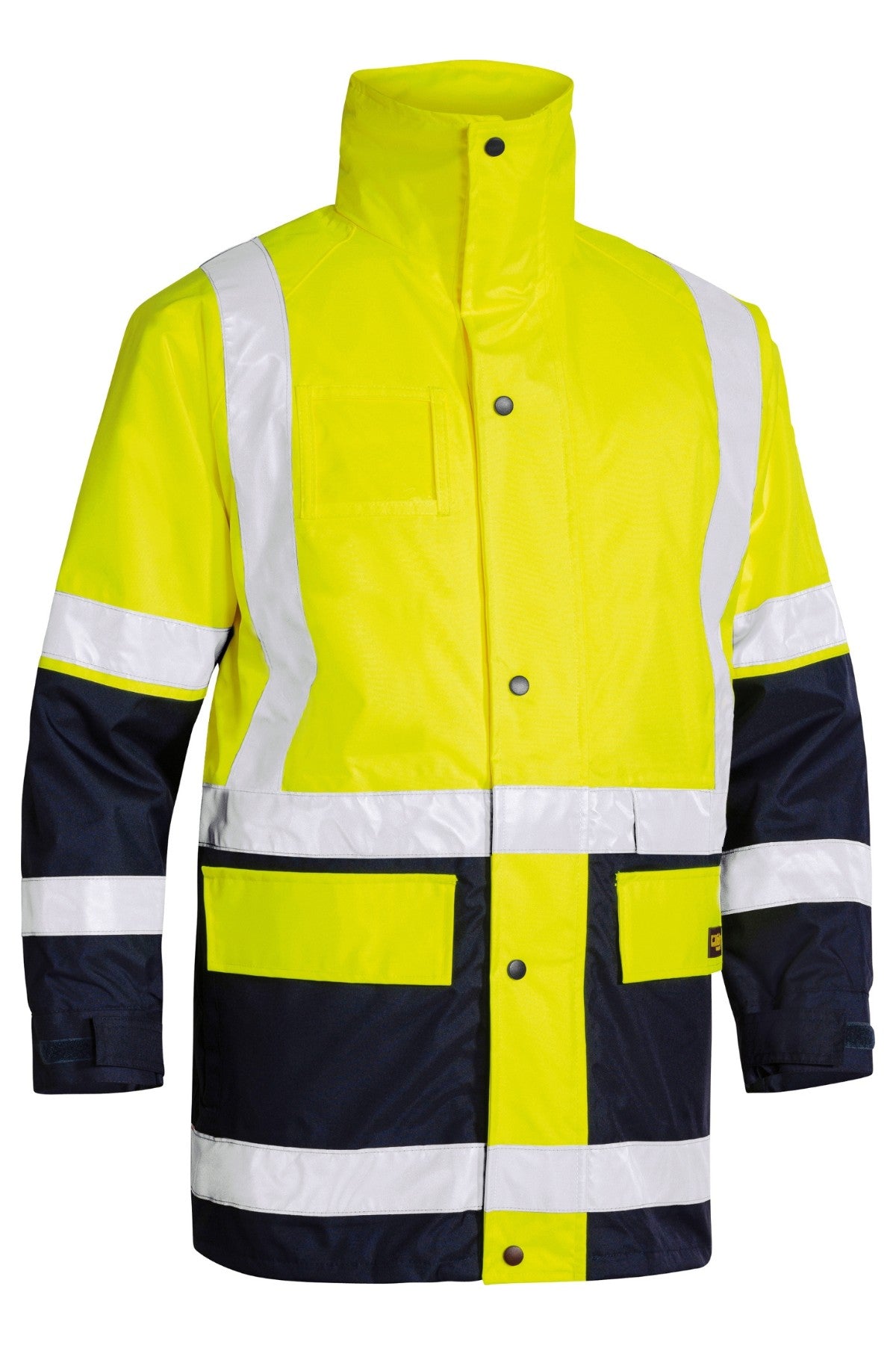 The Bisley Taped 5-IN-1 Hi Vis Jacket features a bright yellow upper, dark navy lower sections and cuffs, white reflective tape on chest, sleeves and waist, a high collar, and multiple pockets for safety and functionality.