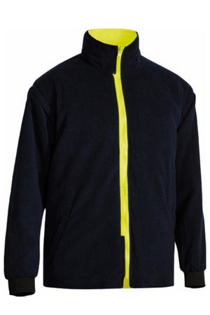 The Bisley Taped 5-IN-1 Hi Vis Jacket features a black exterior, high collar, front zipper, yellow inner lining and accents, and reflective taping for visibility. The jacket is shown against a plain white background.