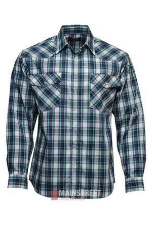 The Bisley Western Shirt is a durable long-sleeve, button-up plaid shirt in blue, green, and white with front chest pockets and buttoned cuffs. Made from a Polyester/Cotton blend. Displayed on a white background.