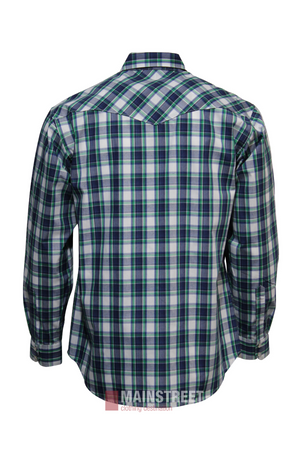 The Bisley Western Shirt is a long-sleeved button-up with a green, blue, and white plaid pattern shown from the back. Made from a comfy polyester/cotton blend, it features a shoulder yoke and Mainstreet Clothing branding at the hem.