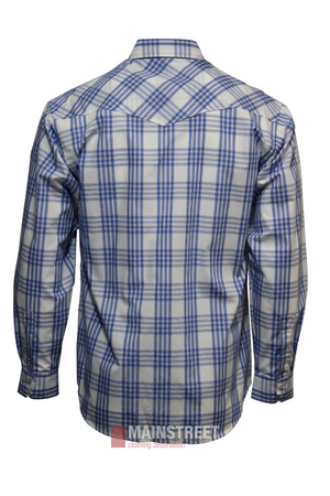 The Bisley Western Shirt is a blue and white plaid, long-sleeve button-up, shown from the back. Made of durable polyester cotton, it features a pointed collar and buttoned cuffs.