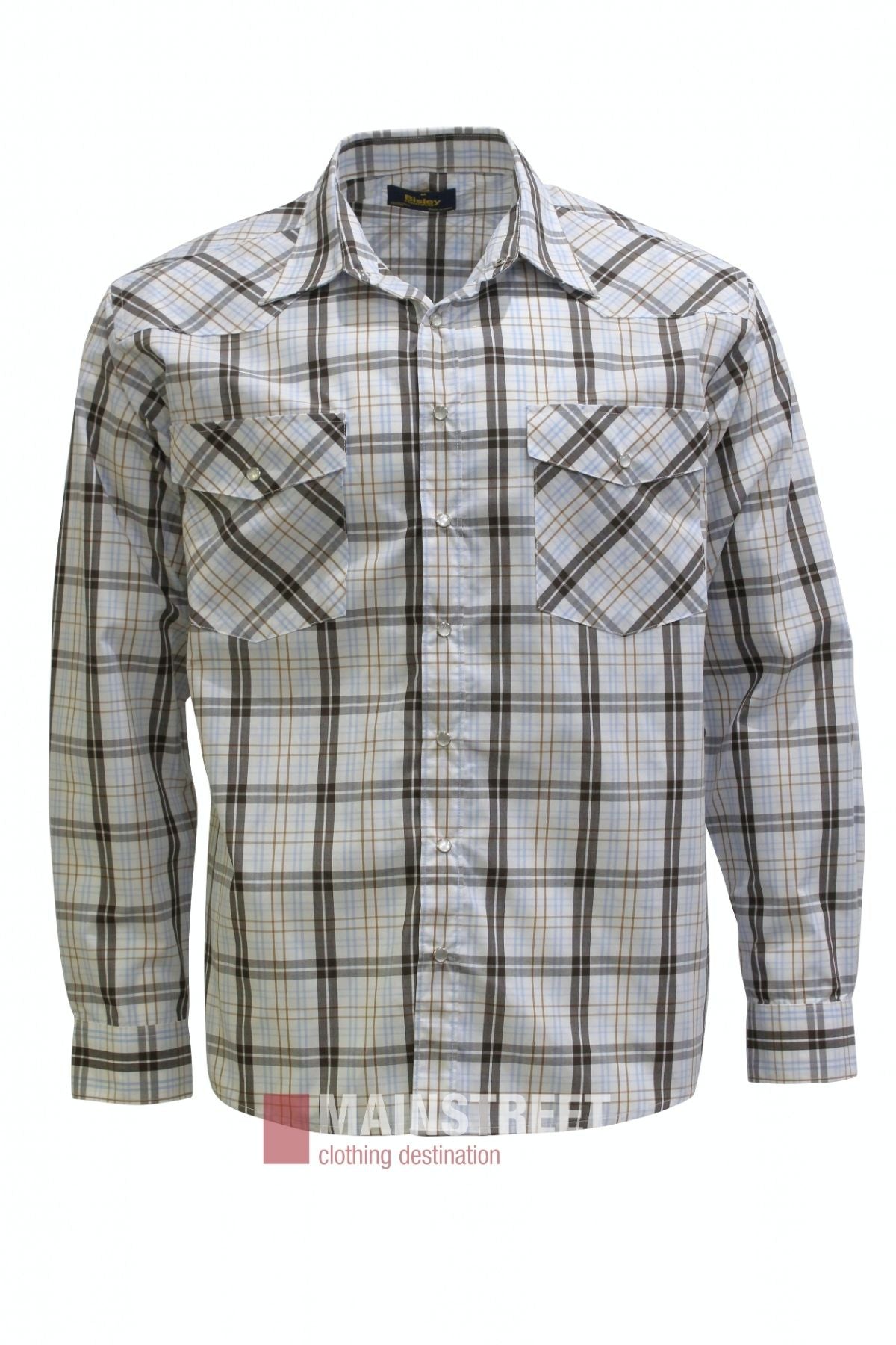The Bisley Western Shirt is a long-sleeve, button-up plaid shirt featuring two chest pockets and a classic collar. Its pattern is predominantly white with grey, black, and yellow lines, and it is crafted from a durable polyester-cotton blend for lasting comfort.