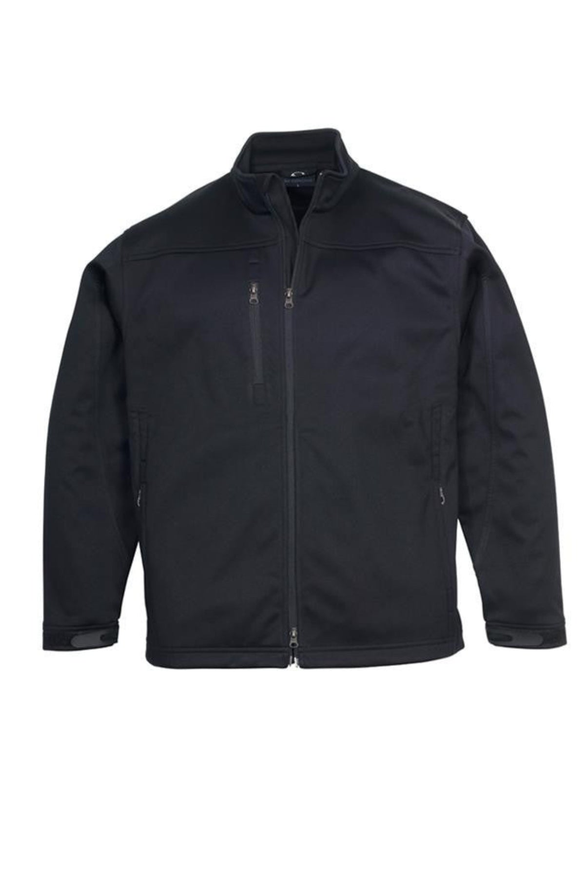 The Biz Collection Plain Soft Shell Jacket in black features a high collar, fleece lining, zippered chest and side pockets, and adjustable cuffs, shown on a white background.