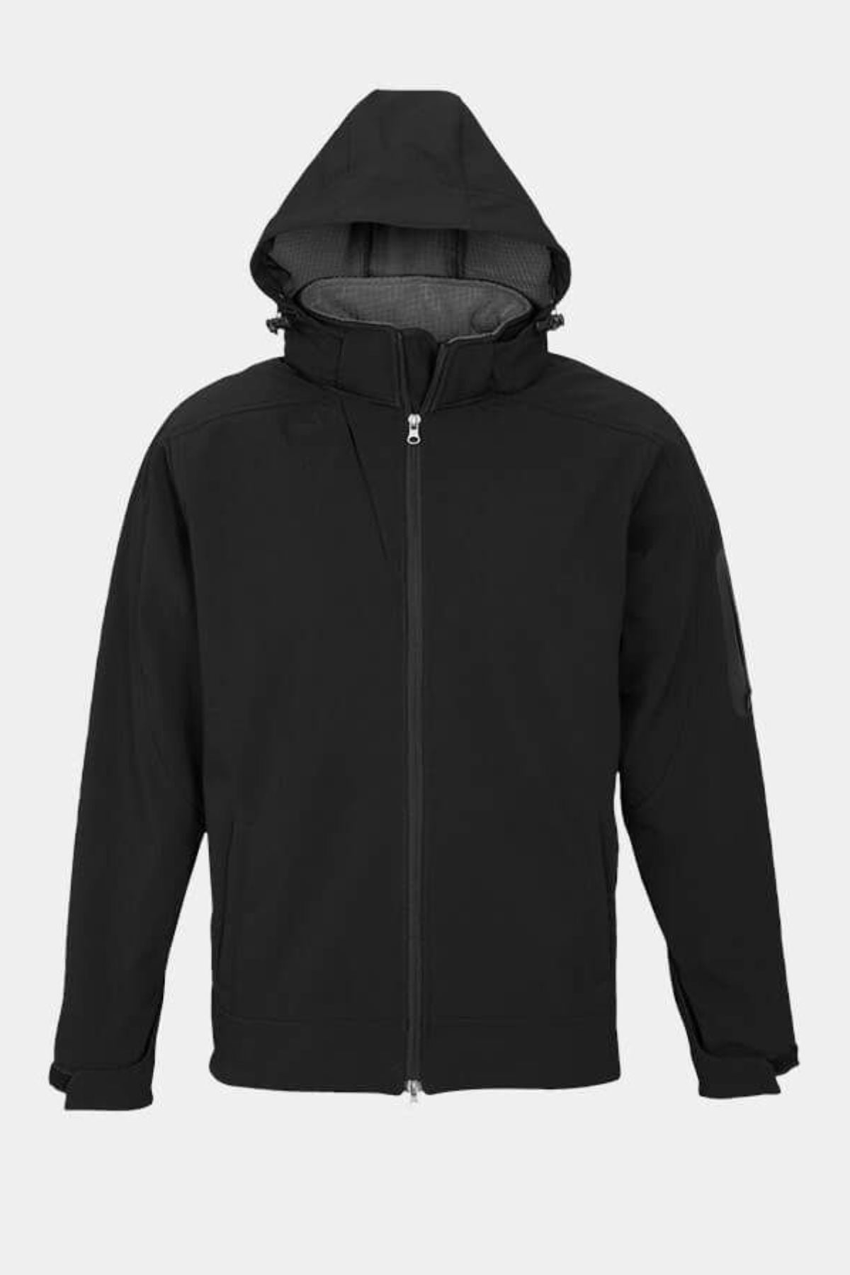 The Biz Collection Summit Jacket in black features a full zip front, side pockets, adjustable cuffs, and a high collar, shown against a plain light gray background.