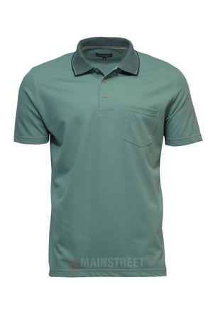 The Blue Horizon Plain Polo is a light teal casual shirt made from polyester-cotton, featuring short sleeves, a chest pocket, dark-trimmed collar, and button-up placket. Displayed neatly against a white background.
