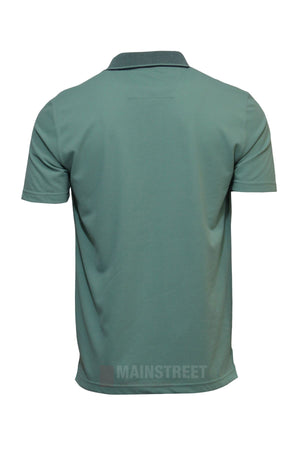 The Blue Horizon Plain Polo is a teal, short-sleeved shirt with a collar and straight hem. Shown from the back, this casual polyester-cotton polo combines comfort and style in a versatile design.