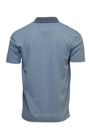 The Blue Horizon Plain Polo is a light blue, short-sleeve shirt with a folded collar and simple design. Made from a soft Polyester/Cotton blend, it's comfortable and perfect for casual everyday wear. Shown here from the back.
