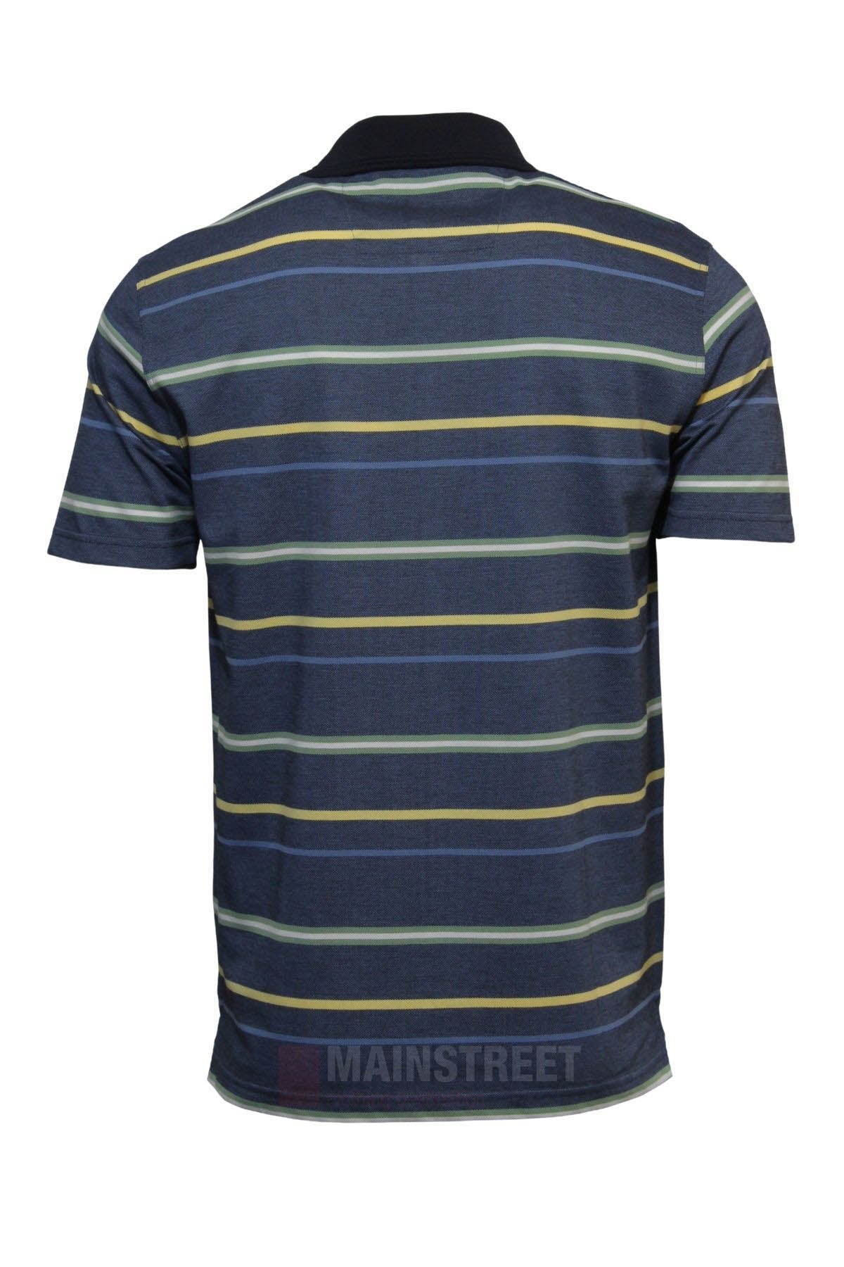 The Blue Horizon Striped Polo features navy blue short sleeves, green, yellow, and white stripes, a solid dark blue collar, and a subtle "MAINSTREET" watermark near the hem, shown from the back in this men's polo style.