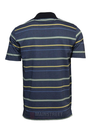 The Blue Horizon Striped Polo features navy blue short sleeves, green, yellow, and white stripes, a solid dark blue collar, and a subtle "MAINSTREET" watermark near the hem, shown from the back in this men's polo style.