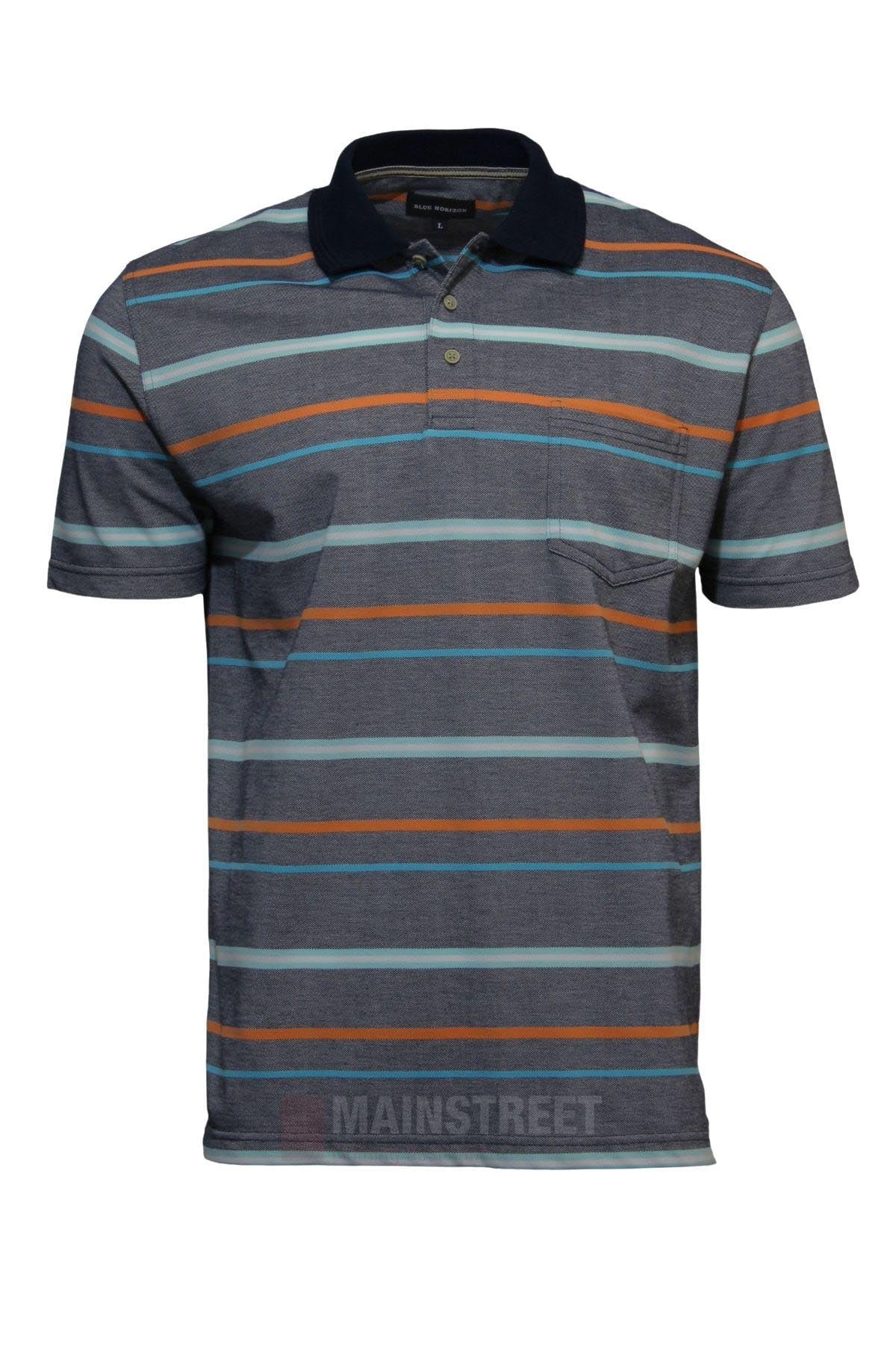 The Blue Horizon Striped Polo is a short-sleeved men’s polo with blue, grey, orange, and light blue stripes, featuring a dark navy collar, chest pocket, and button placket for classic style.