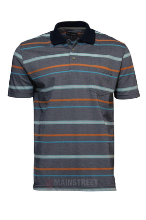 The Blue Horizon Striped Polo is a short-sleeved men’s polo with blue, grey, orange, and light blue stripes, featuring a dark navy collar, chest pocket, and button placket for classic style.