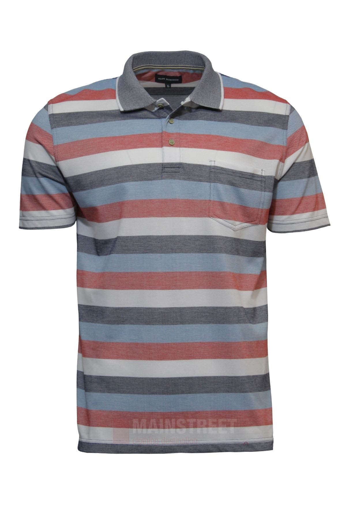 The Blue Horizon Striped Polo is a men's casual shirt with blue, gray, white, and red horizontal stripes, a classic collar, front button placket, and left chest pocket for timeless style and comfort.