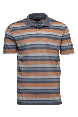 The Blue Horizon Striped Polo is a men's casual shirt with short sleeves, a collar, a chest pocket, a classic 3-button placket, and horizontal stripes in orange, blue, white, and gray.