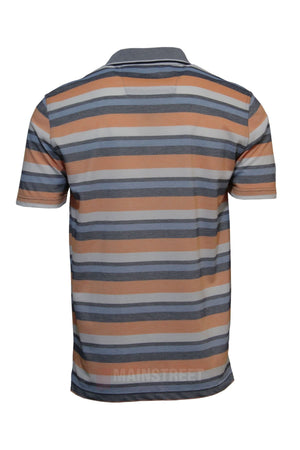 Back view of the Blue Horizon Striped Polo—a men's casual shirt with horizontal stripes in gray, orange, white, and beige. Features a collar and classic 3-button design with no visible logos or patterns on the back.