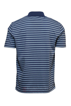The Blue Horizon Striped Polo is a men's casual shirt with short sleeves and horizontal navy and light blue stripes, displayed from the back against a white background.